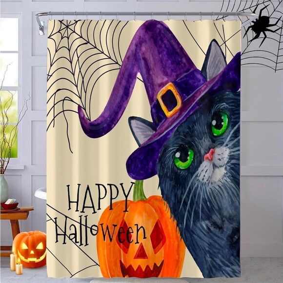 Funny Happy Halloween Cat Shower Curtain for Bathroom, Halloween Party H… - Picture 2 of 6